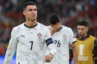 Cristiano Ronaldo reacts after Portugal's 1-0 defeat to Spain in the FIFA World Cup 2026 Round of 16.