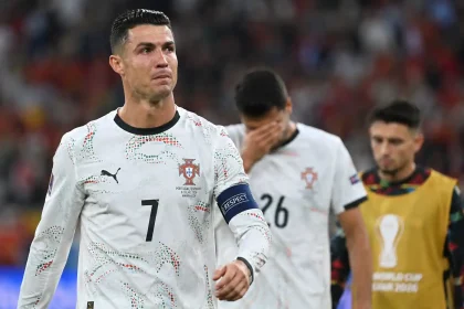 Cristiano Ronaldo reacts after Portugal's 1-0 defeat to Spain in the FIFA World Cup 2026 Round of 16.