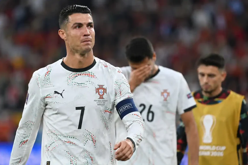 Cristiano Ronaldo reacts after Portugal's 1-0 defeat to Spain in the FIFA World Cup 2026 Round of 16.