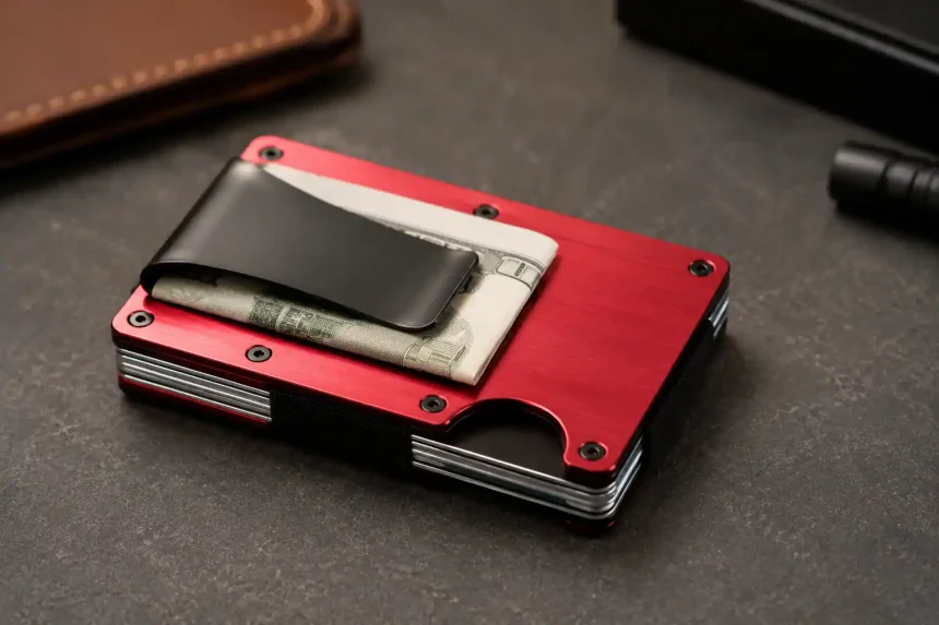 aluminum wallet brick red cash strap