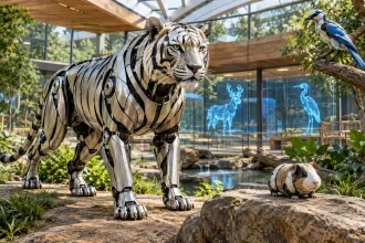 Robotic tiger and mechanical animals inside a futuristic artificial zoo